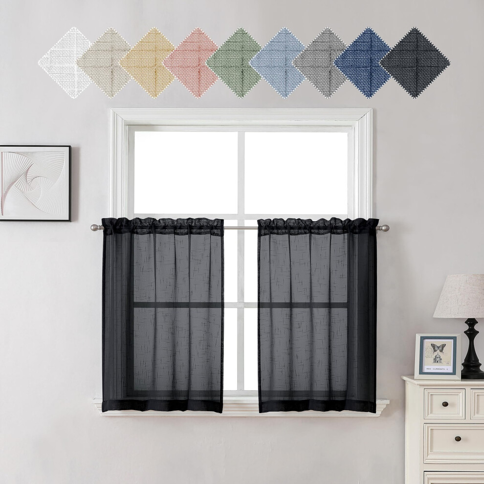 Rideaux De Cuisine Noirs Transparents Aiyufeng, Longueur 61 Cm, 2 Pi Ces, Rideaux Semi-Transparents En Lin Pour Chambre Coucher, Rideaux De Caf-image
