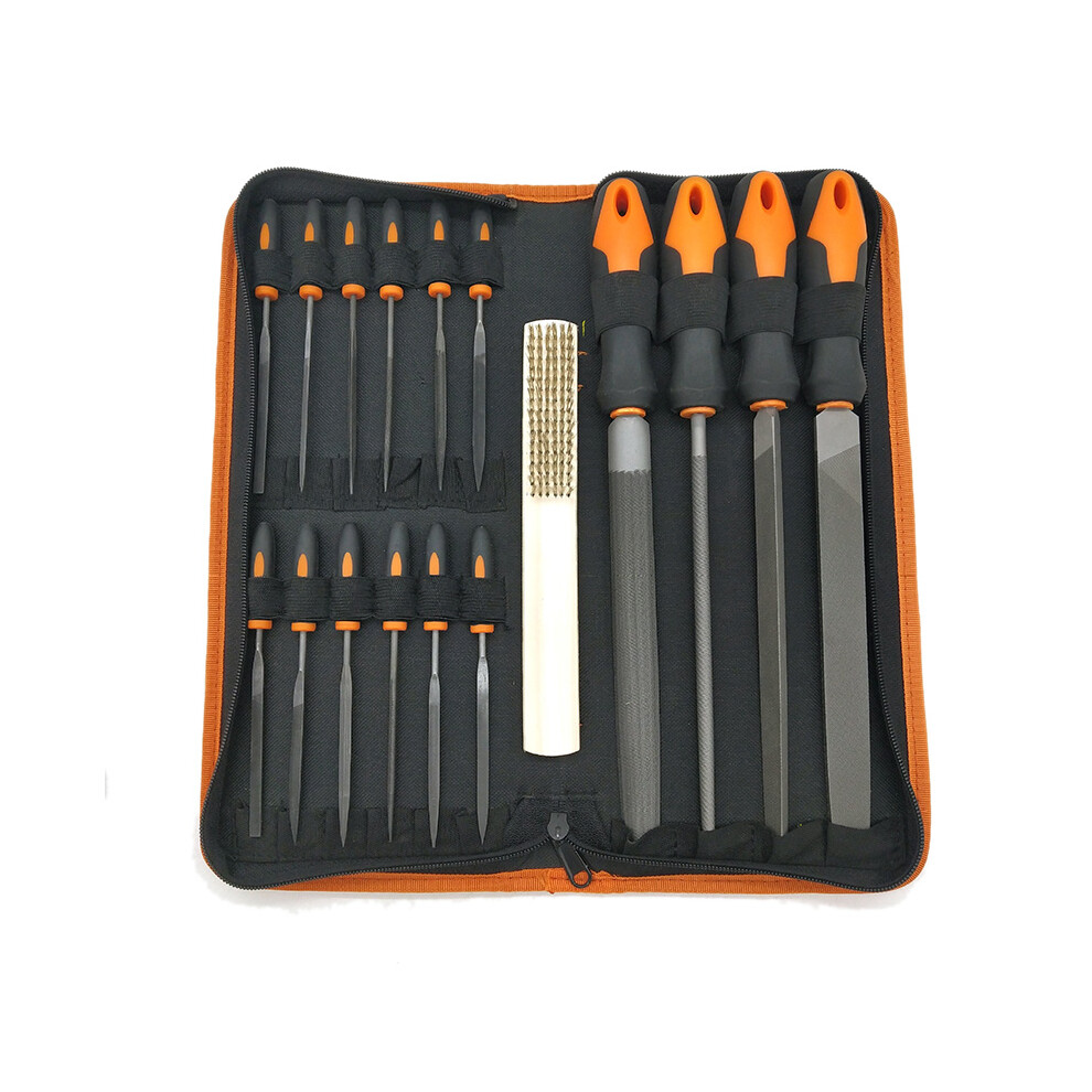 17Pcs Alloy Steel File Set With Carry Case, Precision Flat/Triple-Cornered/Half-Round/Round Large And 12Pcs Needle Files, Soft Rubbery Handle, Shapin 4853024023762