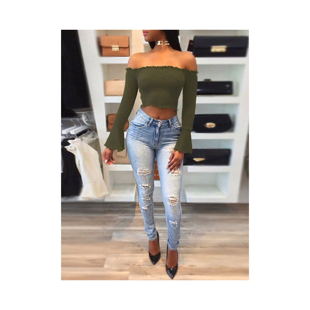 (ArmyGreen,XL)Débardeur femme été décontracté épaules dénudées gilet chemisier manches longues crop shirt top