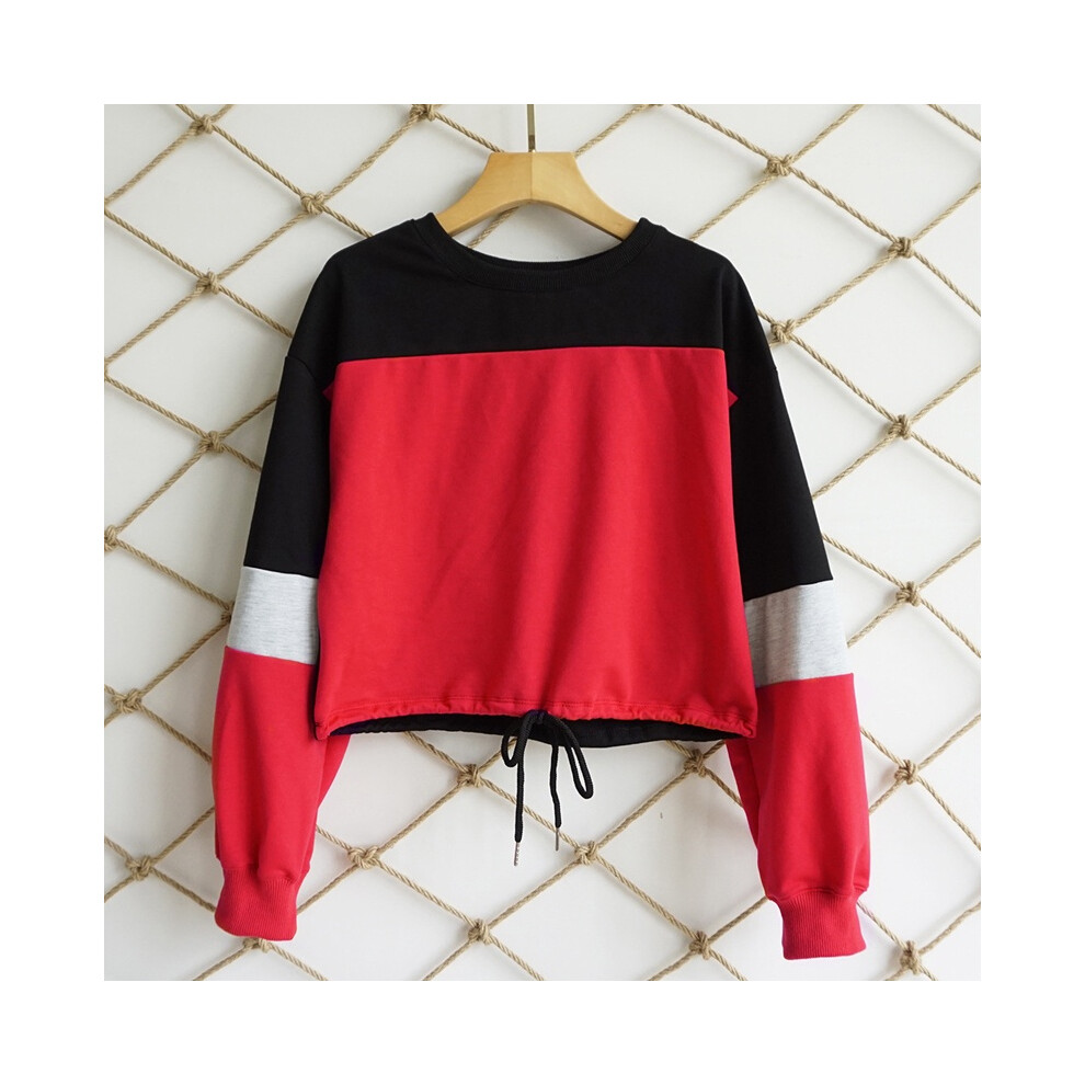 (Red,Tag M=US XS)Pull femme automne hiver couleur patchwork manches longues col rond cravate