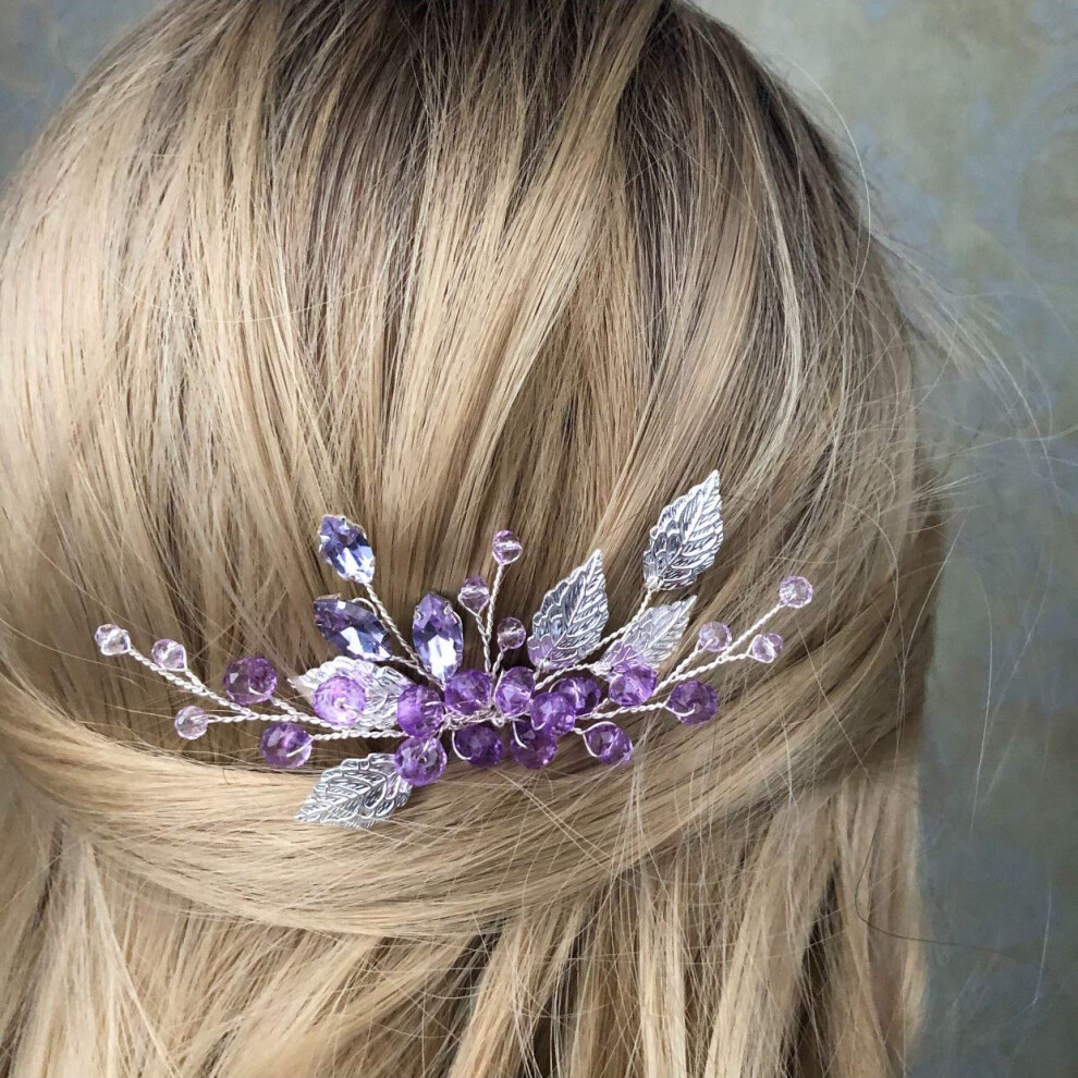 Jwicos Pettine Per Capelli Con Perline Di Cristallo Per Spose E Damigelle (Argento E Viola)-image