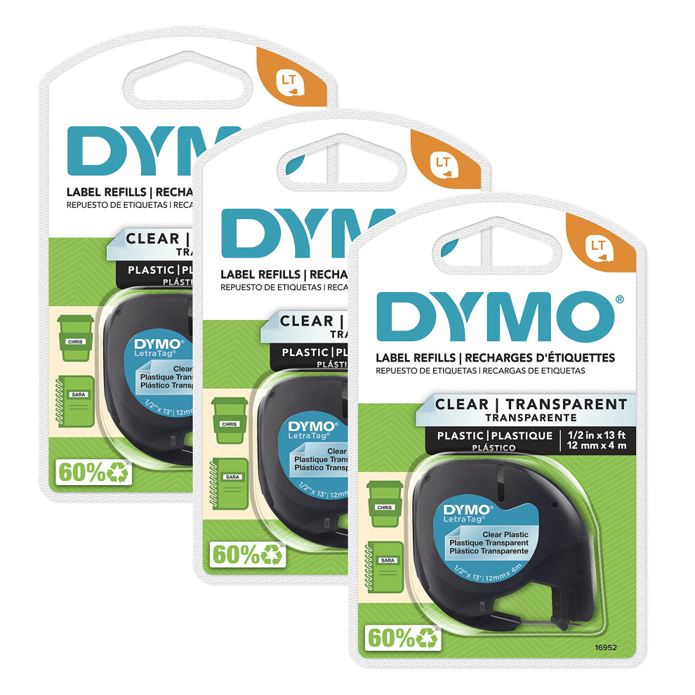 DYMO LT Labeling Tape for LetraTag Label Makers  Black Print on clear Labels  12-Inch x 13-Foot Rolls  3 count