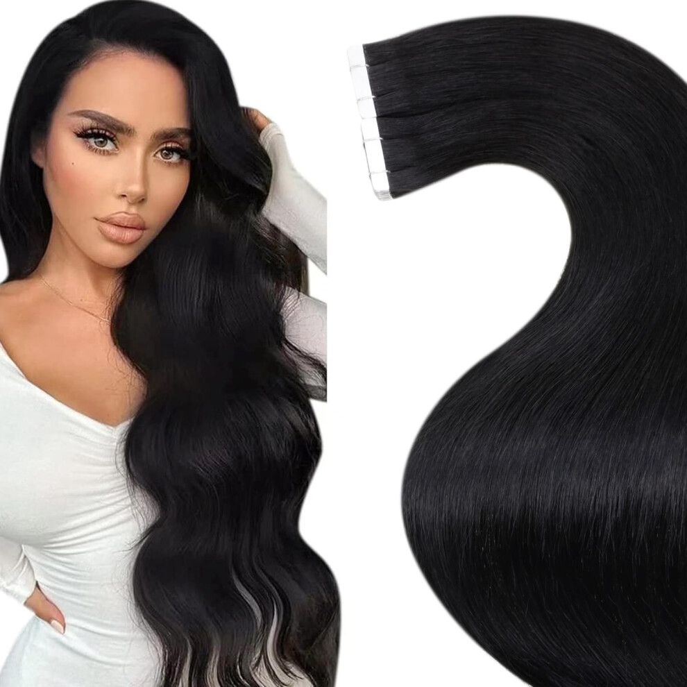 Laavoo Unisex Black Tape In Hair Extensions Tape In Extensions Real Human Hair 22Inch Tape In Human Extensions Human Hair Jet 50G 20Pcs