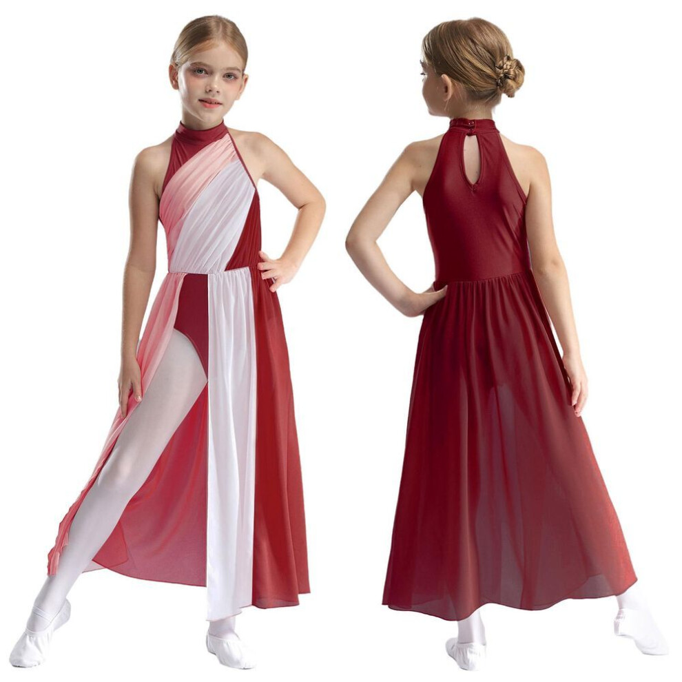 (burgundy, 11-12 Years) Kids Girls Color Block Mock Neck Sleeveless Keyhole Back Split Dress for Modern Lyrical Dance Performance