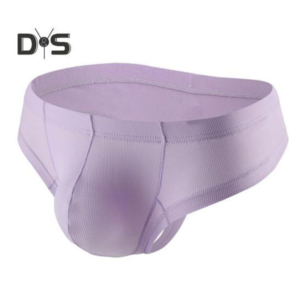 (2XL, purple) Men Summer Thong Low-rise Ice Silk Ribbed Briefs Solid Color High Elasticity Underwear Smooth Lines Underpants