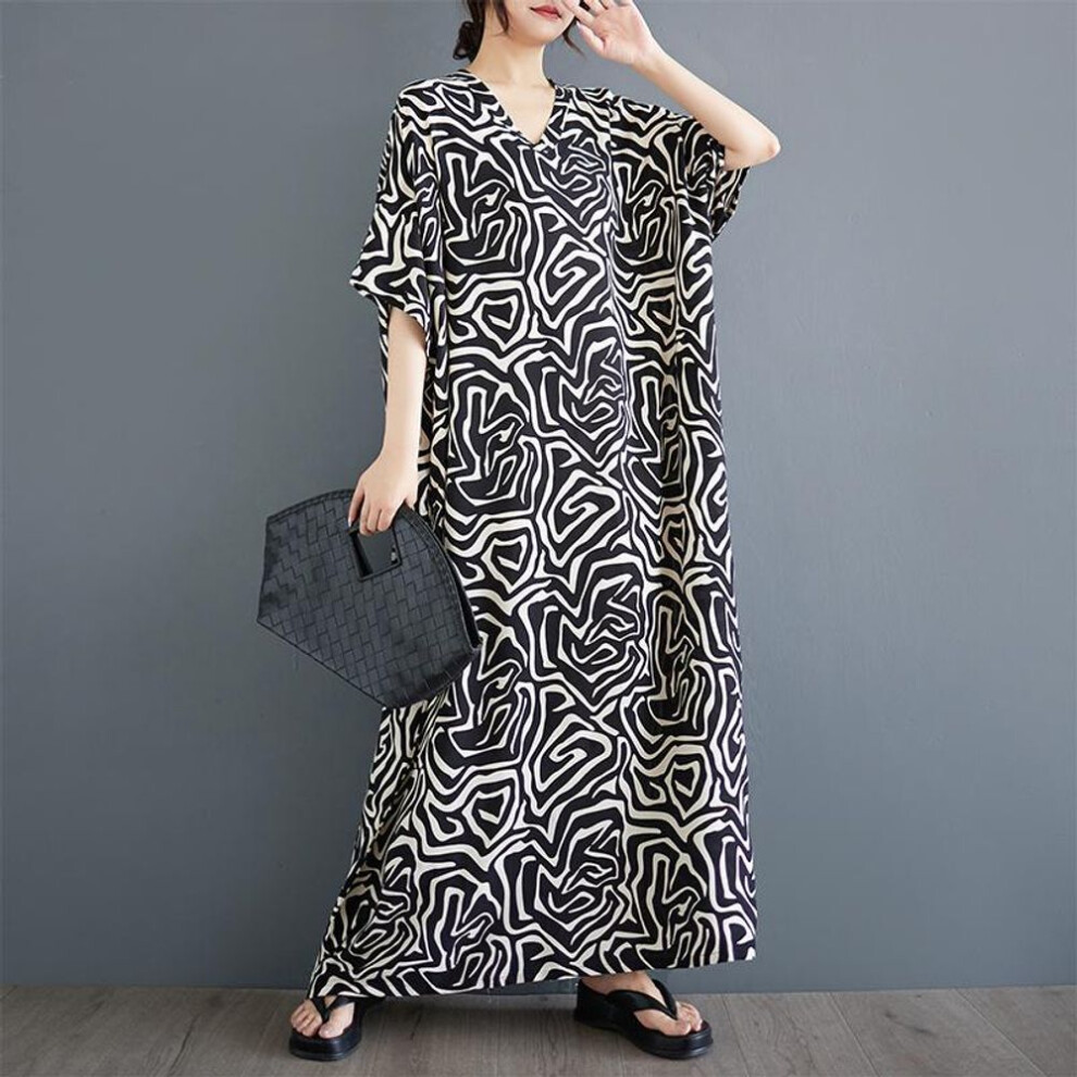 (black, 3XL) DIMANAF 2025 New Women Plus Size Summer Loose Dress Casual Linen Vintage Printing Dress Basic Short Sleeve