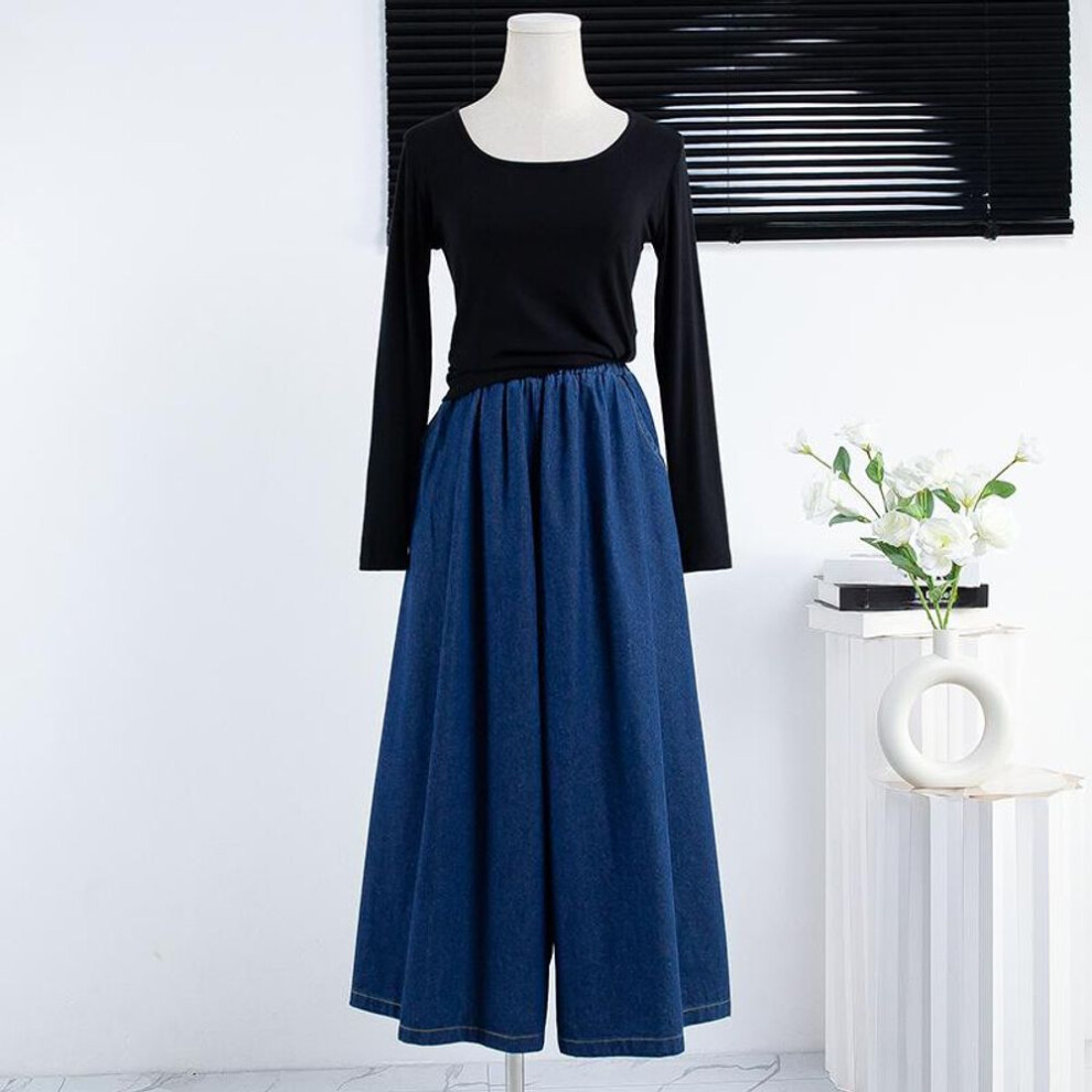 (blue, M) DIMANAF 2025 Plus Size Women Summer Jeans Long Wide Leg Pants Casual High Waist Elastic Basic Blue Trousers Loose