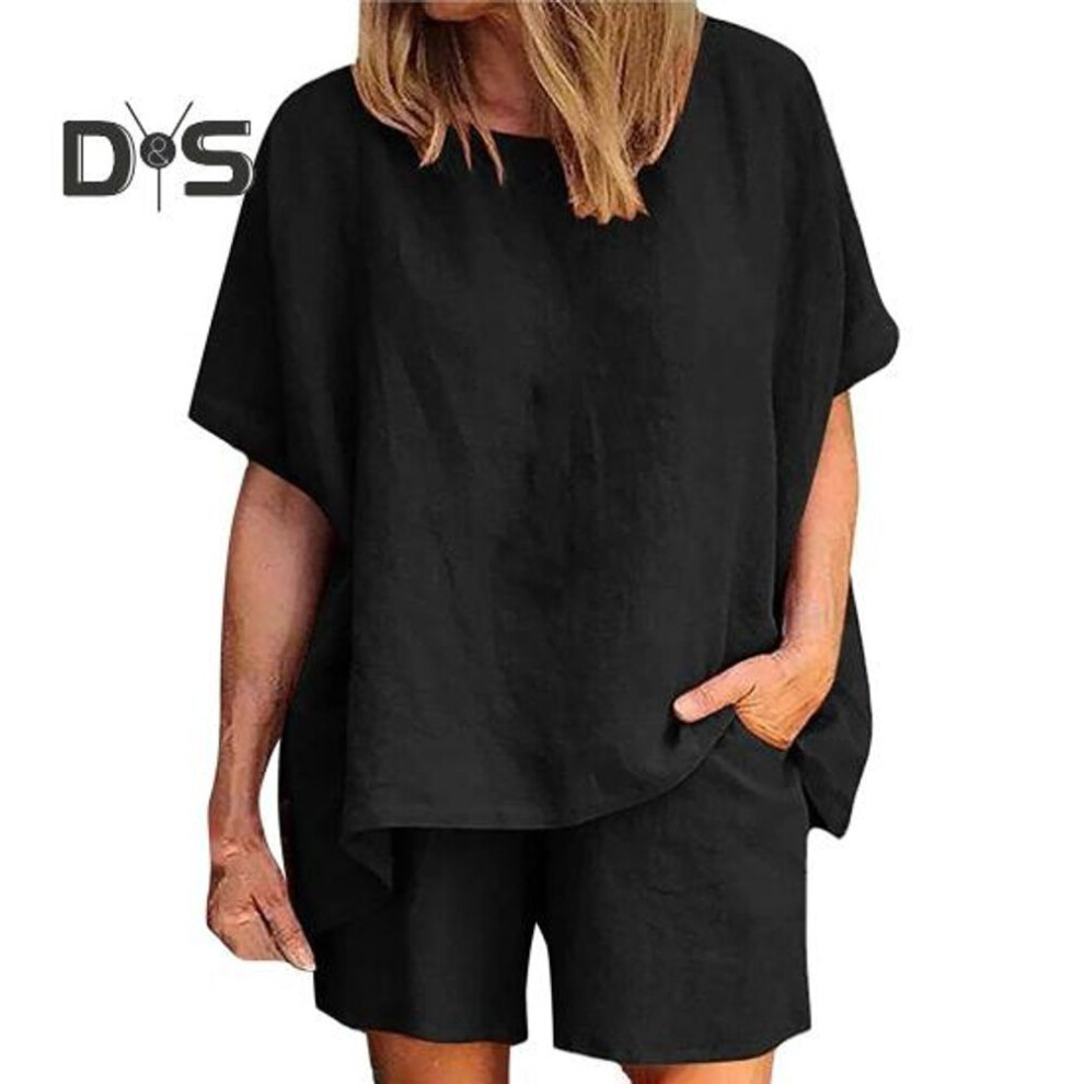 (black, L) Women's Cotton Linen 2-Piece Outfit Short Sleeve Crewneck Pullover Top And Shorts Set with Pockets Summer Casual Loungewear Tracksuit