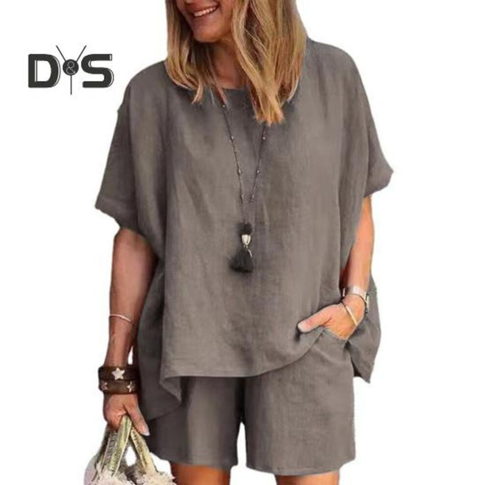(apricot, 3XL) Women's Cotton Linen 2-Piece Outfit Short Sleeve Crewneck Pullover Top And Shorts Set with Pockets Summer Casual Loungewear Tracksuit