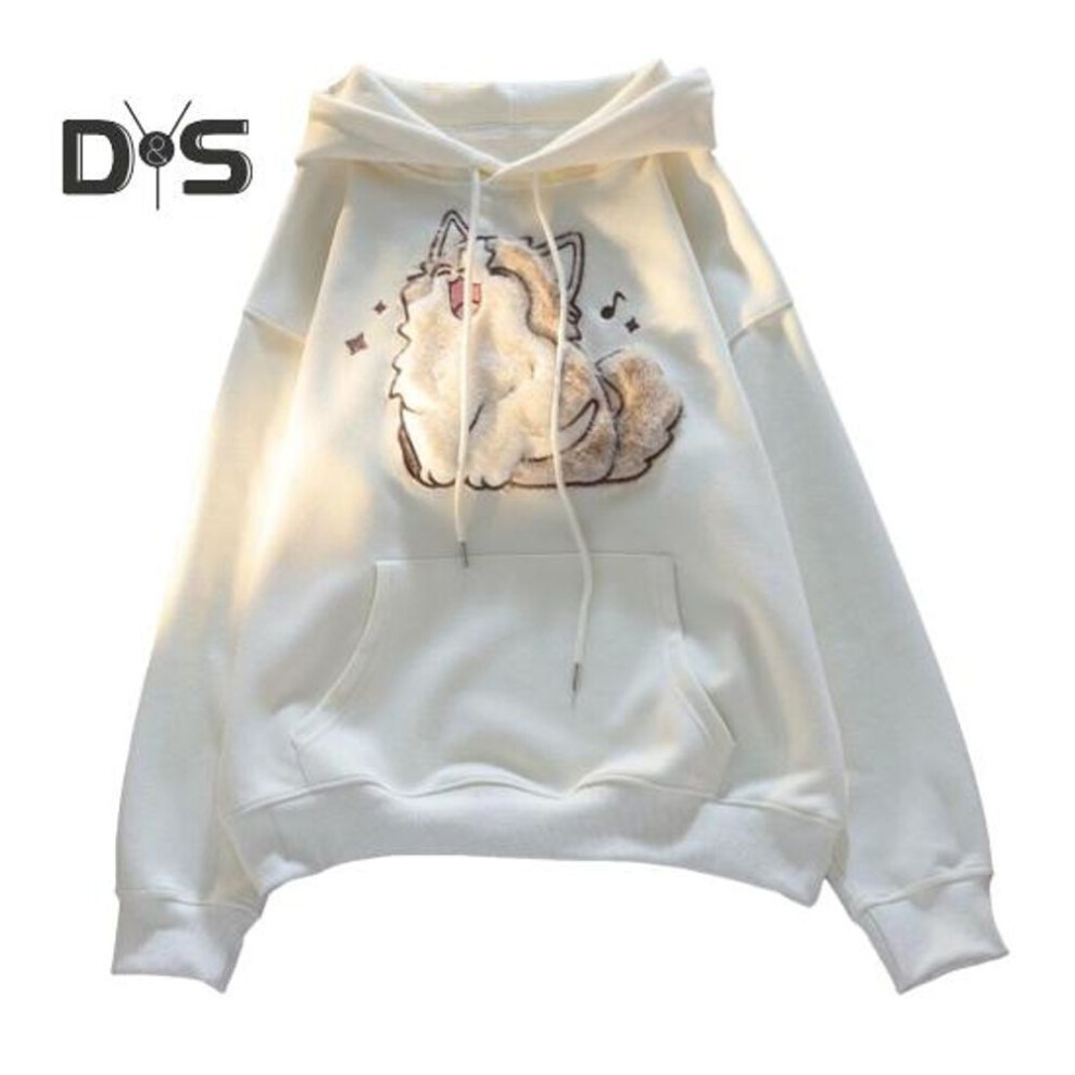 (L, apricot) Fall Winter Women Hoodie Drawstring Elastic Cuff Thick Cat Embroidery Fleece Oversize Patch Pocket Loose Long Sleeves Pullover Warm Couple Top