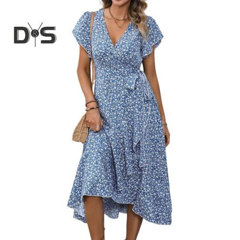 (sky blue, L) Summer Floral Maxi Dress For Women V Neck Short Sleeve Ruffle Hem Wrap Dress Boho Casual Split Flowy Beach Long Dress