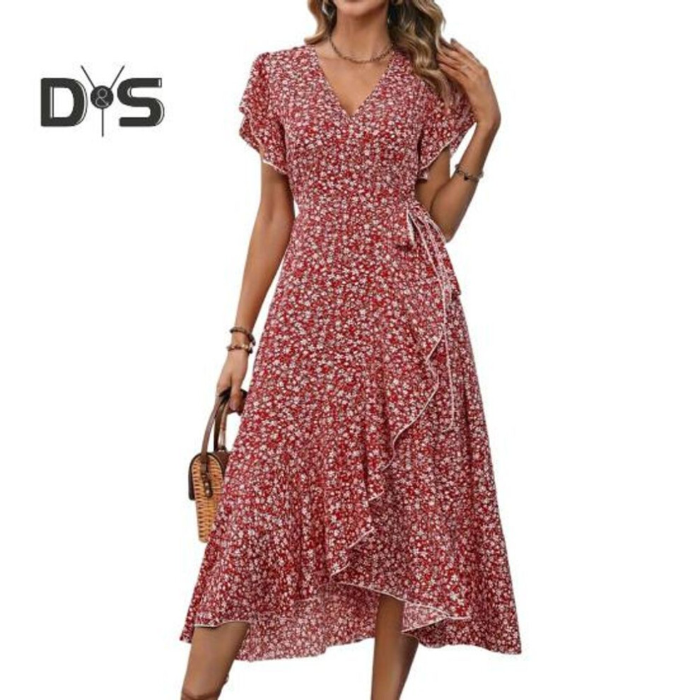 (red, XXL) Summer Floral Maxi Dress For Women V Neck Short Sleeve Ruffle Hem Wrap Dress Boho Casual Split Flowy Beach Long Dress