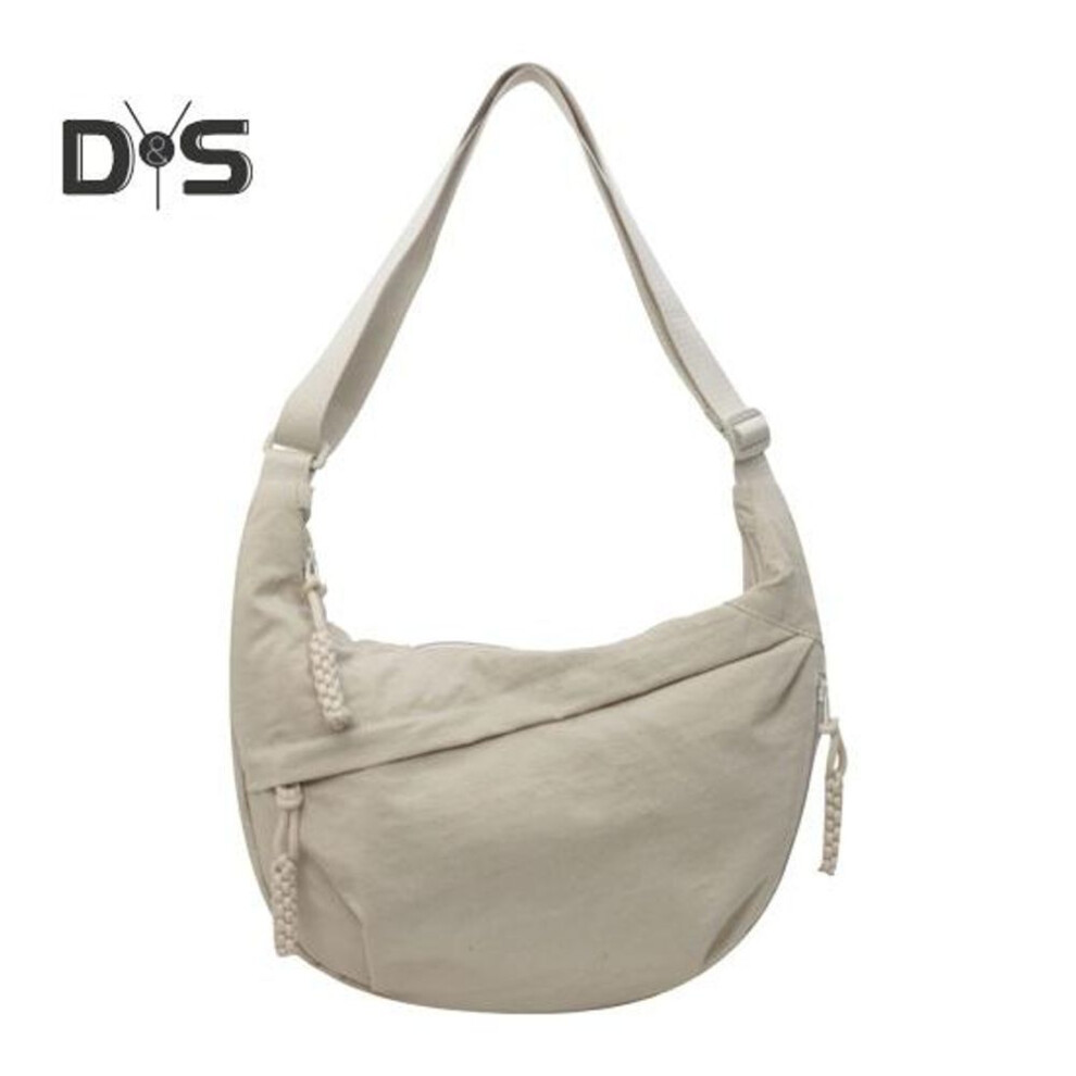 (beige) Women Crossbody Bag Large Capacity Solid Color Zipper Closure Nylon Adjustable Strap Dumpling Shape Student School Travel Shopping Work Shoulder Bag