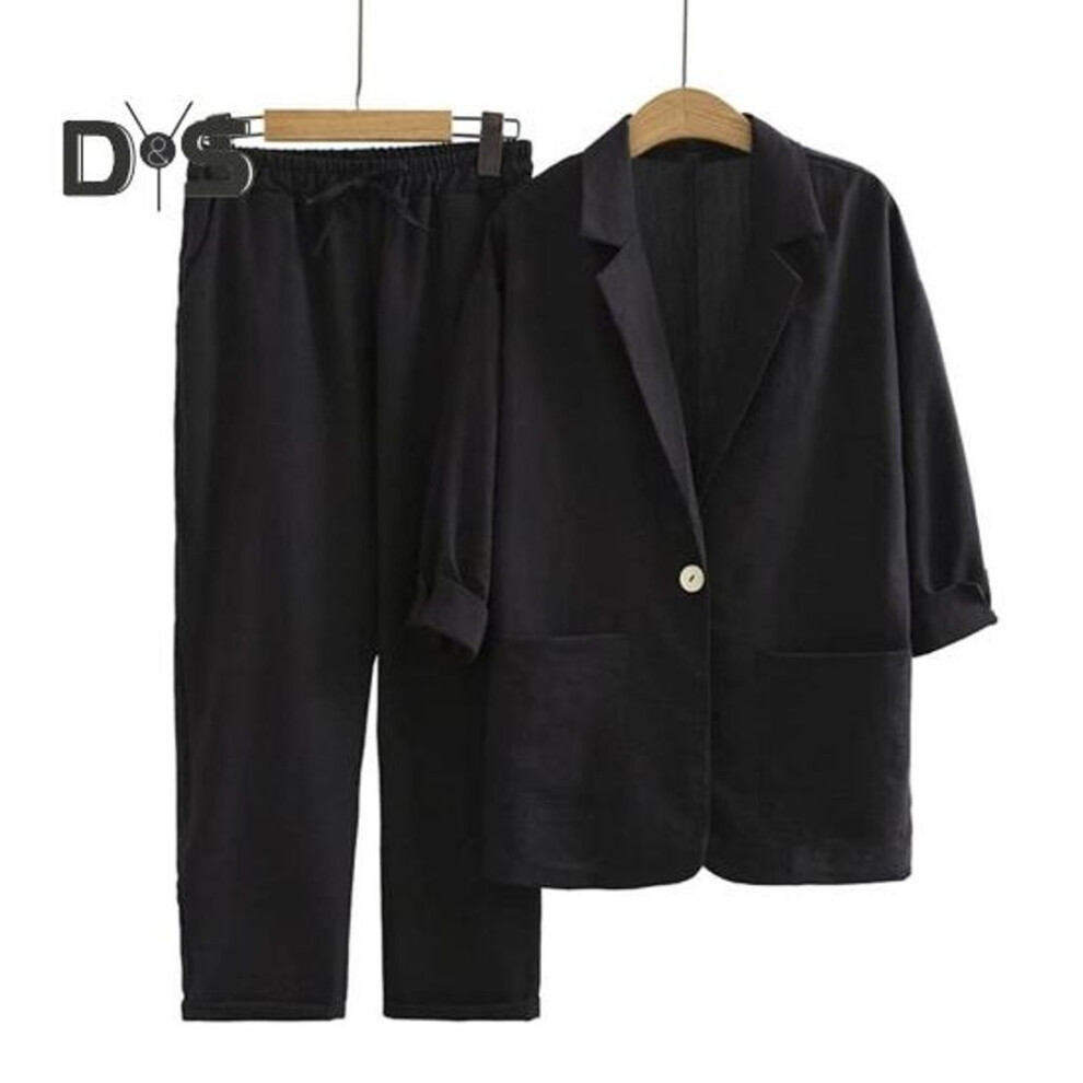 (black, XL) 2pcs/set Women Spring Autumn Casual Outfit Lapel 3/4 Sleeve Single Button Pockets Blazer Coat Elastic Waistband Wide Leg Long Pants Set