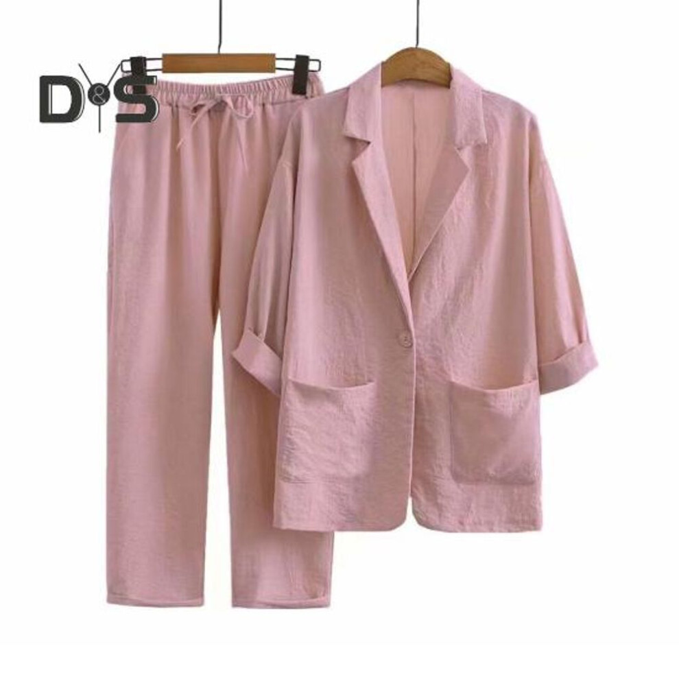 (pink, XL) 2pcs/set Women Spring Autumn Casual Outfit Lapel 3/4 Sleeve Single Button Pockets Blazer Coat Elastic Waistband Wide Leg Long Pants Set