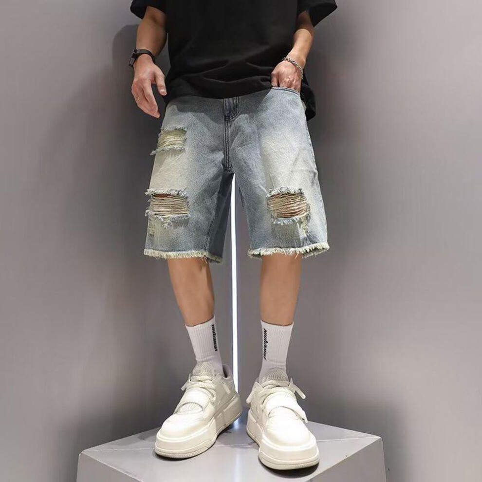 (blue, XL) Men's American Retro Distressed Mid-length Ripped Denim Shorts For Summer