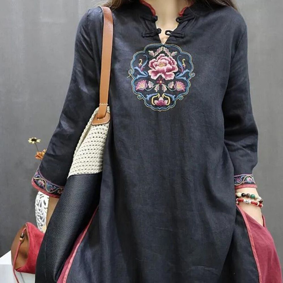 (black, XL 115-130 kg) Plus Size Women's Retro Chinese Style Embroidered Shirt Dress with Stand Collar - Spring & Autumn