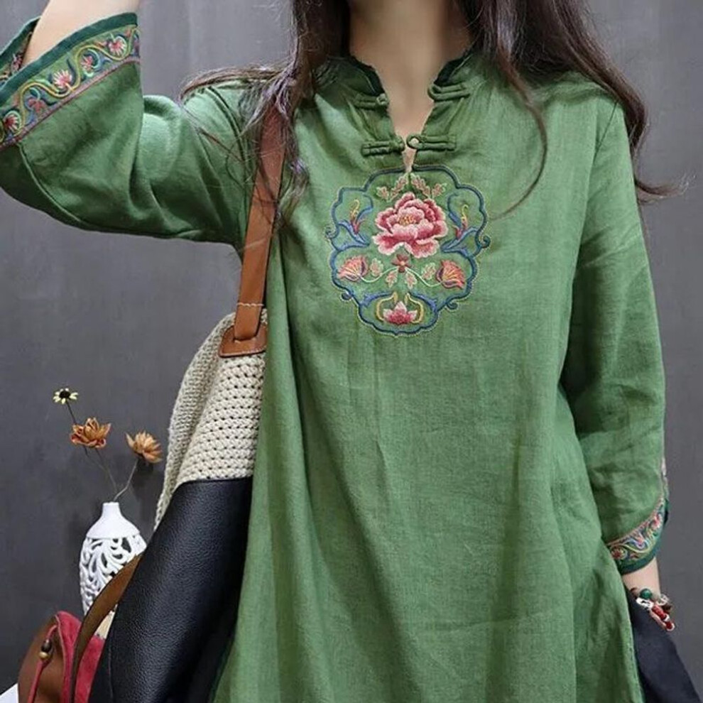 (green, L 100-115 kg) Plus Size Women's Retro Chinese Style Embroidered Shirt Dress with Stand Collar - Spring & Autumn