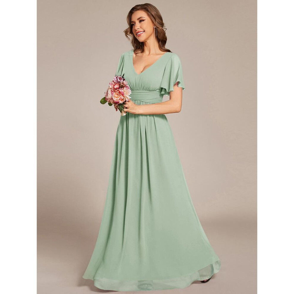 (mint green, 4XL) Ever-pretty Women's Ruffle Sleeves V-neck Lace-up Back Chiffon Floor-length Bridesmaid Dress
