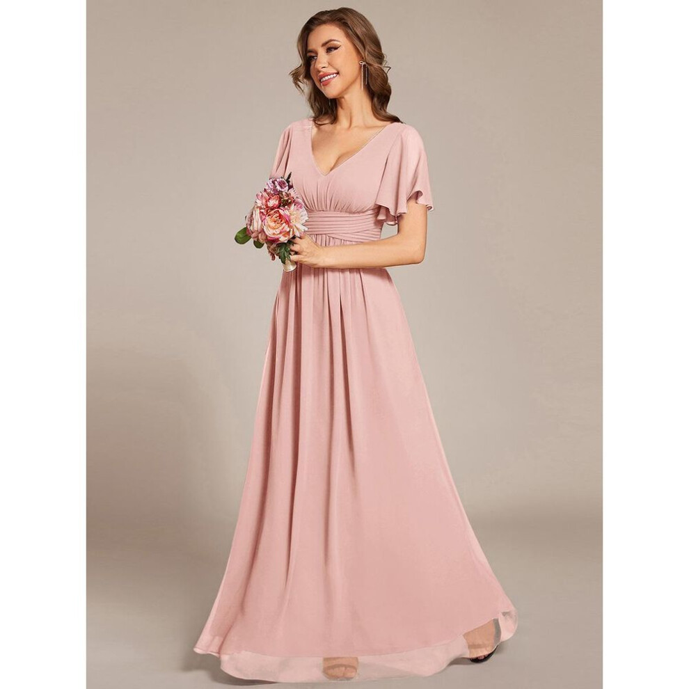 (pink, XL) Ever-pretty Women's Ruffle Sleeves V-neck Lace-up Back Chiffon Floor-length Bridesmaid Dress