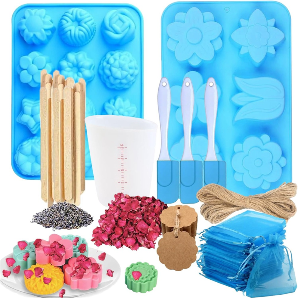 Kit de fabrication de savon : moule à savon en silicone, tasse à mesurer, sac en organza, bâtonnet en bois, fleurs séchées pour l'artisanat bleu
