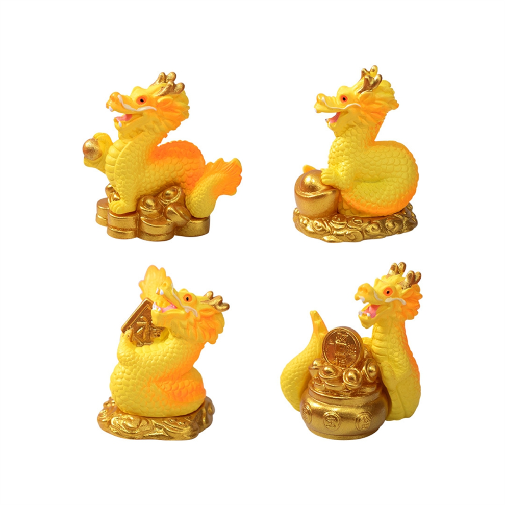 Mini figurine de dragon du Nouvel An chinois, 4 pièces, statue de dragon miniature 2024 en résine dorée, statue de dragon du zodiaque chinois