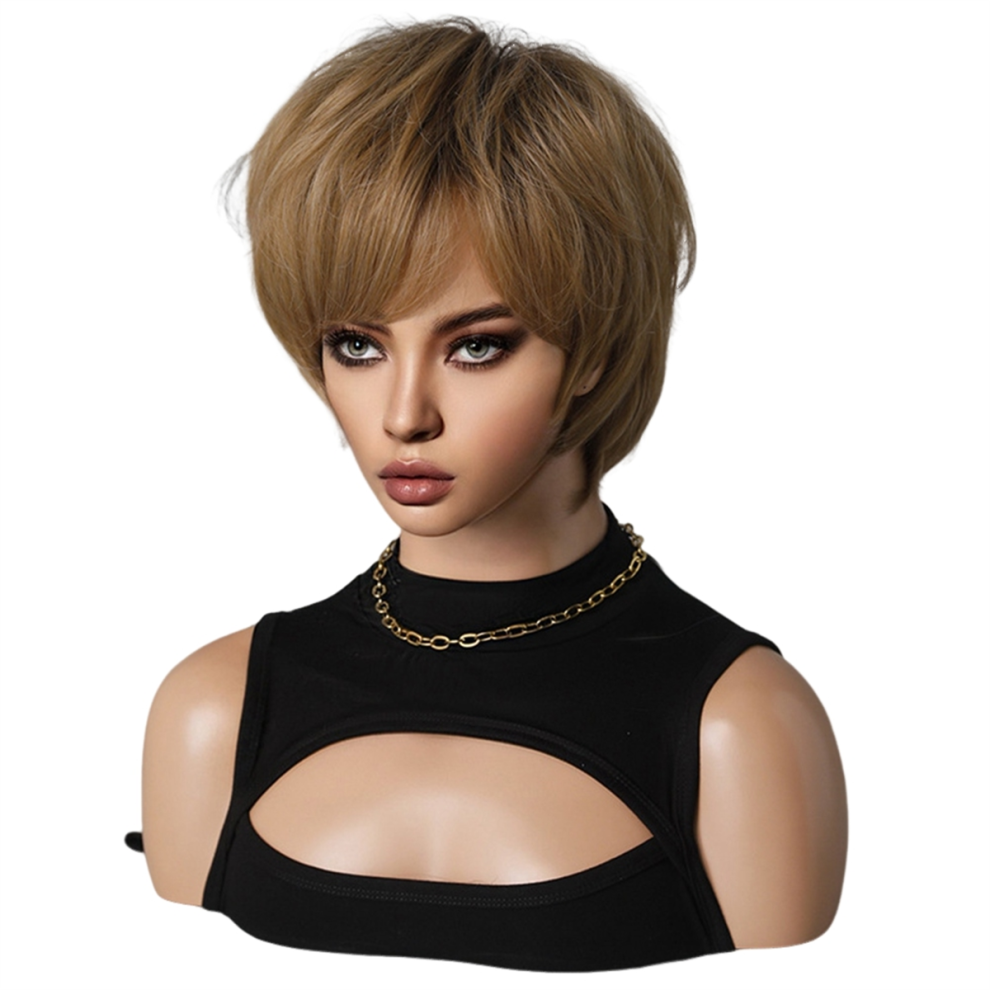 Perruque brune dorée de 26 cm pour femme, cheveux courts, unisexe, ensemble complet de fibres chimiques, couvrant toute la tête