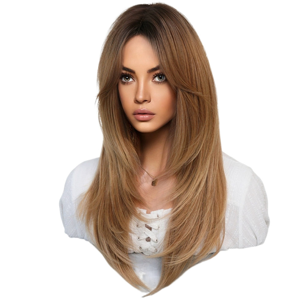 Perruque synthétique européenne et américaine de 64 cm pour femme, cheveux longs, raie au milieu, ensemble complet, cheveux longs, C