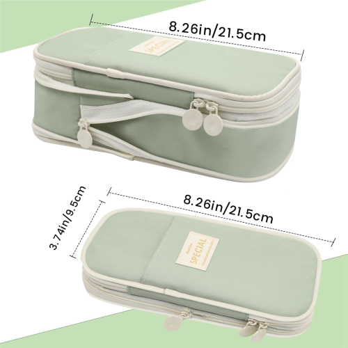 Green Large Capacity Pencil Case with Zipper, 4-Compartment Folding Telescopic Design, Polyester, 21.5x9.5cm 2