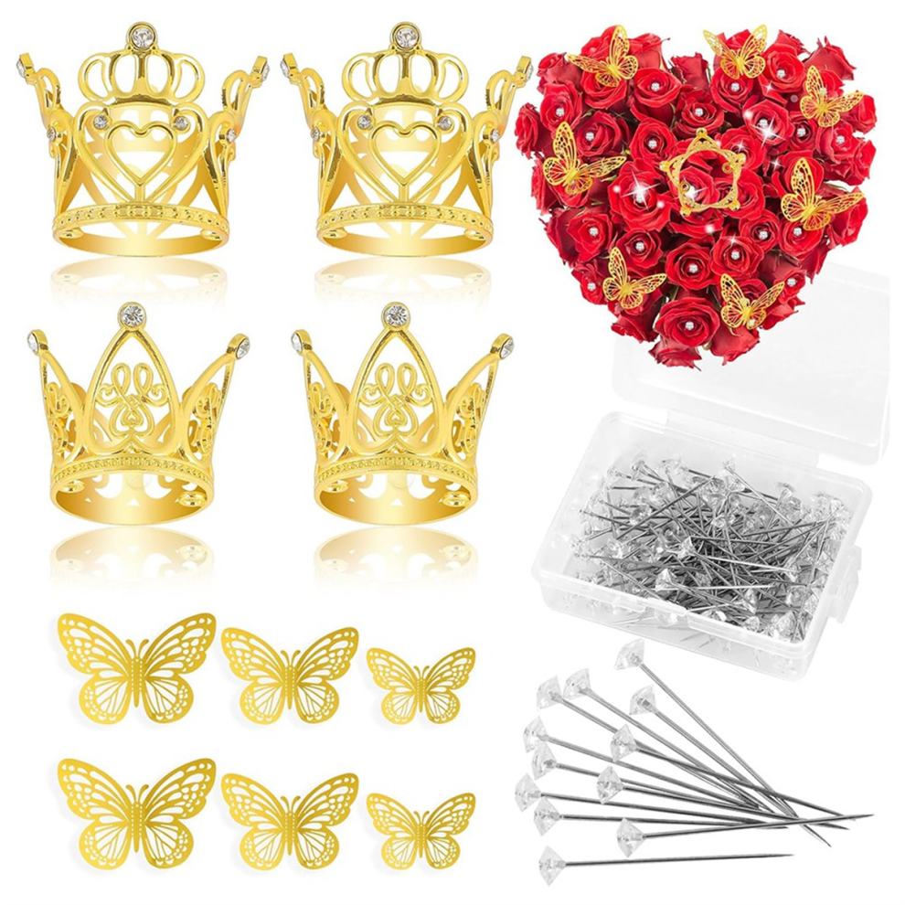 Set Di 140 Accessori Per Bouquet Di Fiori, 4 Mini Corone Dorate, 36 Adesivi A Forma Di Farfalla In Oro 3D E 100 Spille A Forma Di Diamante.-image