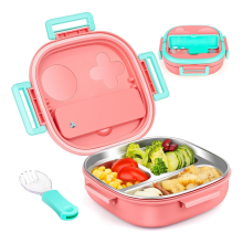 RVS kinderbentobox, lekvrij, 3-compartimenten, lunchbox met bestek - ideale portiegroottes voor kinderen van 1 tot 3 jaar, roze