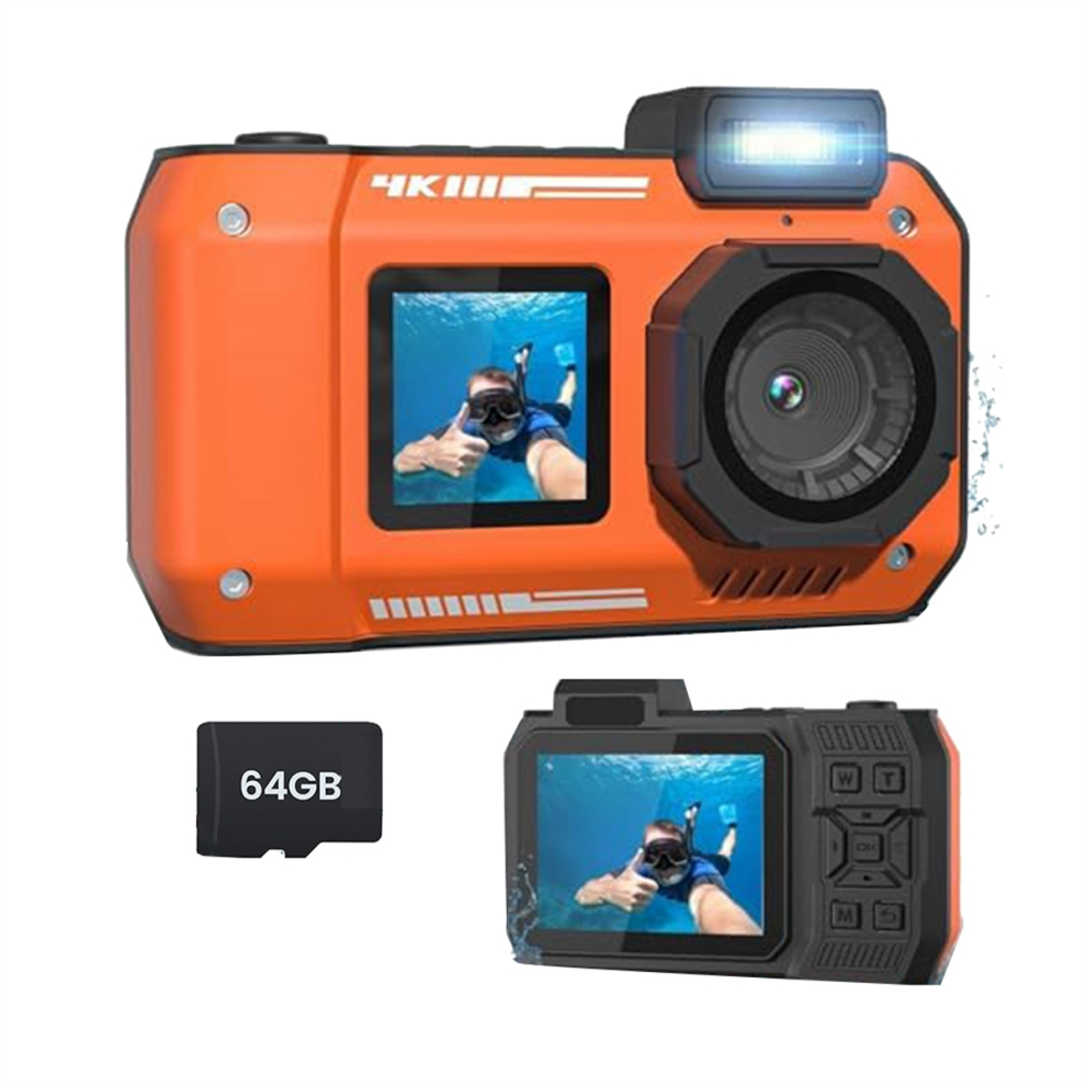 Fotocamera Impermeabile 4K 65MP Fotocamera Subacquea Con Scheda Da 64 Gb, Per Snorkeling Autofocus Selfie Doppio Schermo Arancione