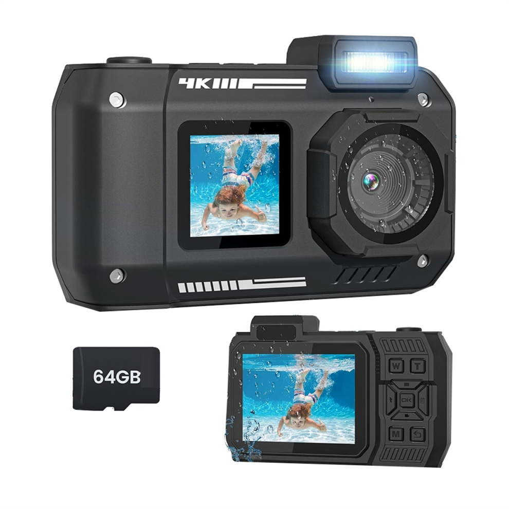 Caméra sous-marine étanche 4K 65 MP avec carte 64 Go, pour snorkeling, autofocus, selfie, double écran, noir
