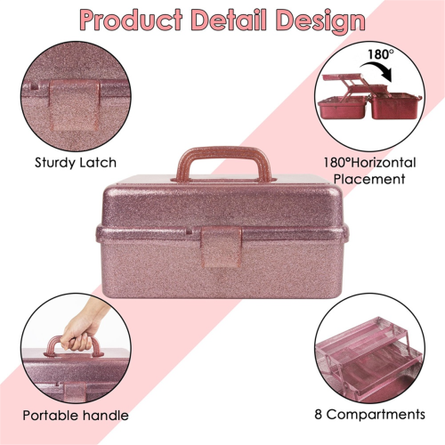 Glitter Pink & Craft Tool Storage Box,3-Layer Stackable Carry Tackle Box Sewing Organizer for Art 2