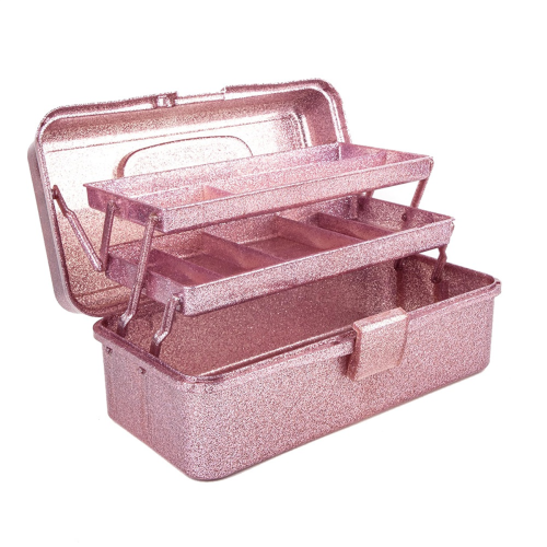Glitter Pink & Craft Tool Storage Box,3-Layer Stackable Carry Tackle Box Sewing Organizer for Art