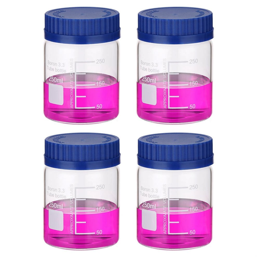 Lot de 4 flacons de stockage de réactifs, flacons ronds gradués à large ouverture en verre borosilicaté de 250 ml avec bouchon à vis GL32