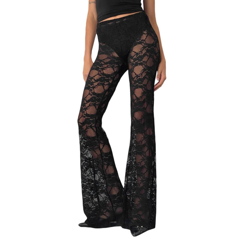 (black, M) Women 's Gothic Flare Pants Sheer Lace Leggings High Waist Bell-bottoms Trousers Streetwear