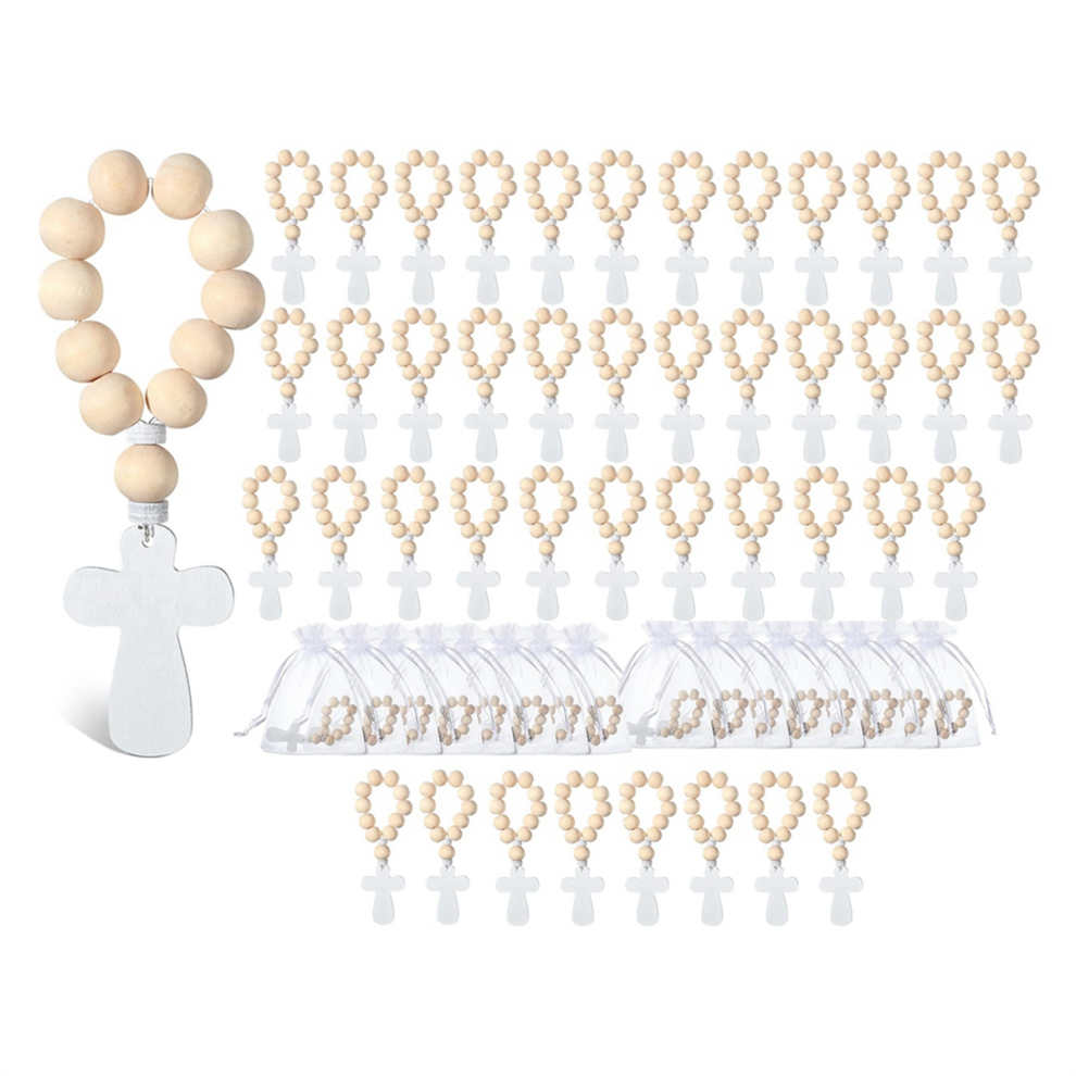Chapelet en bois avec sachets en filet, 60 perles pour baptême, première communion, confirmation, enterrement de vie de jeune fille, baby shower