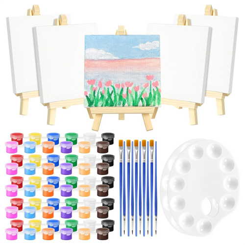 Mini tela e cavalete com paleta de cores e pincéis, conjunto de 82 tintas, inclui tela pequena de 4x4 polegadas