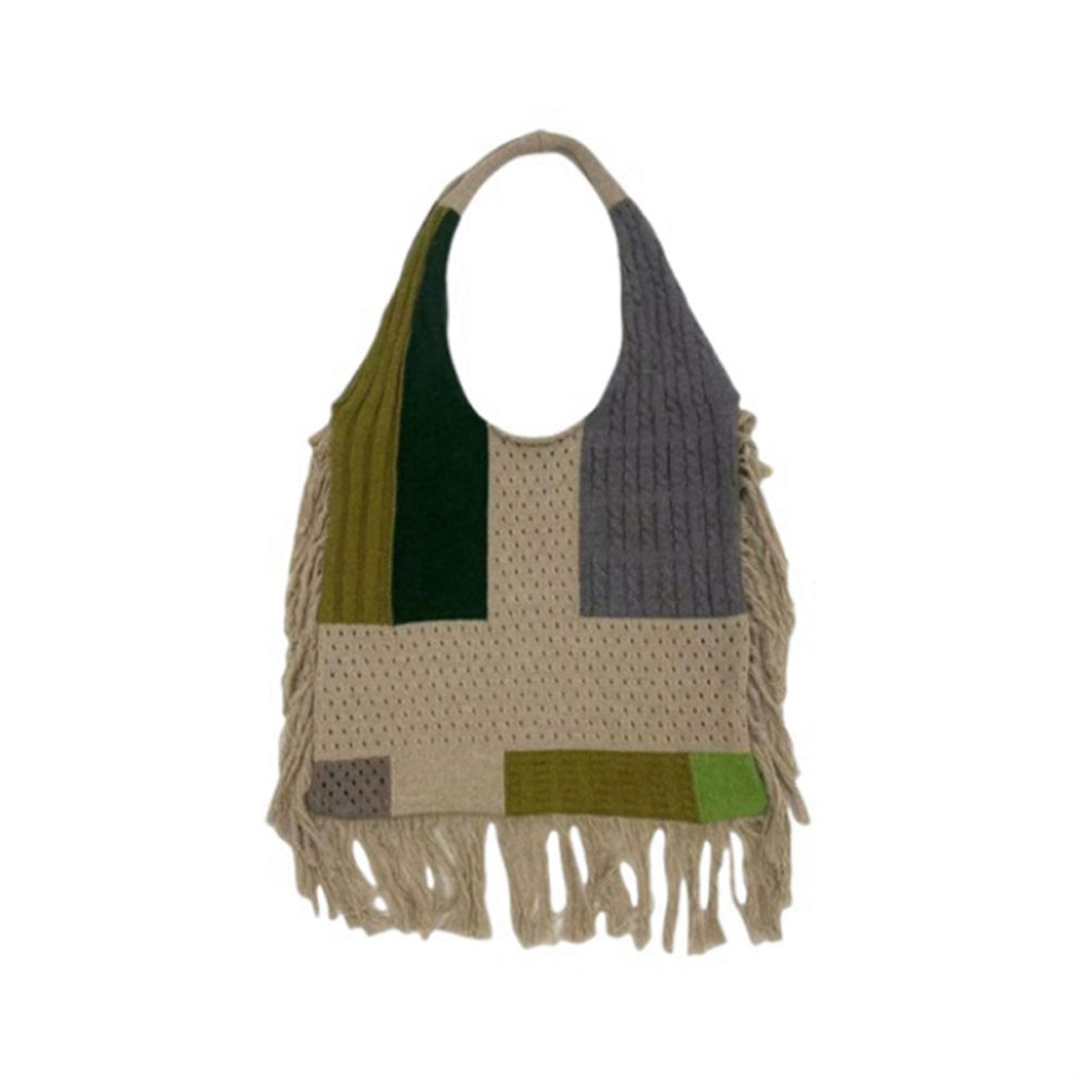 Bolso De Hombro Para Mujer, De Punto, Estilo Vintage, Con Borlas Y DiseñO De Patchwork, Estilo Crochet-image
