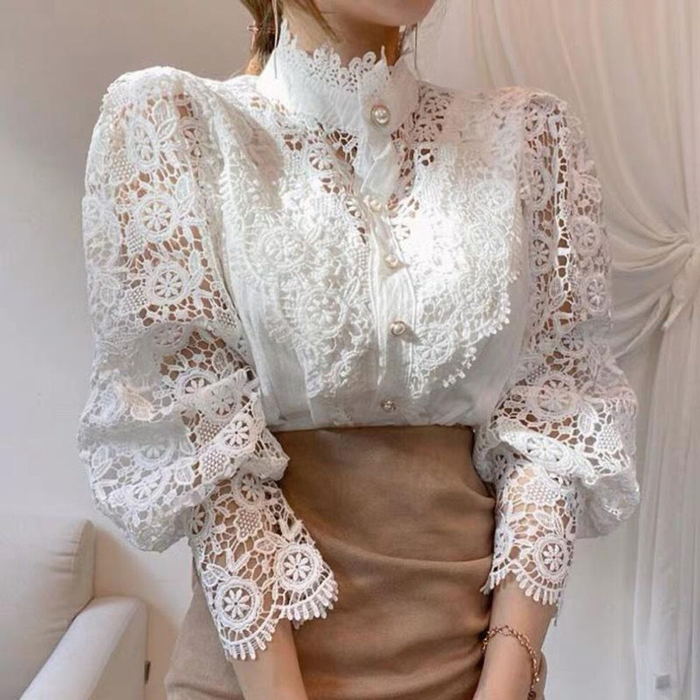 (XXL, white) Vintage Lace Embroidery Blouses For Women Solid Hollow Out Top Petal Sleeve Stand Collar Female Tunic Loose Plus Size White Shirt