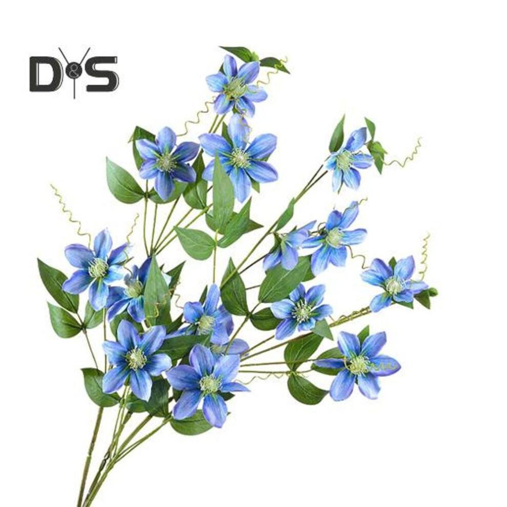 (light blue) Artificial Clematis Branch With Stem Green Leaves Home Wedding Party Faux Flower Floral Arrangement Indoor Outdoor Garden Decoration Photo Props