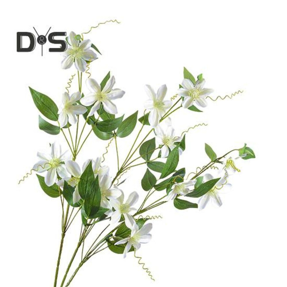 (white) Artificial Clematis Branch with Stem Green Leaves Home Wedding Party Faux Flower Floral Arrangement Indoor Outdoor Garden Decoration Photo Props