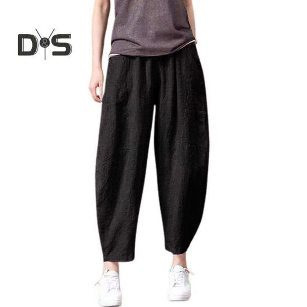 (black, L) Women Summer Pants Elastic High Waist Wide Leg Casual Pants With Pockets Solid Color Loose Fit Thin Trousers