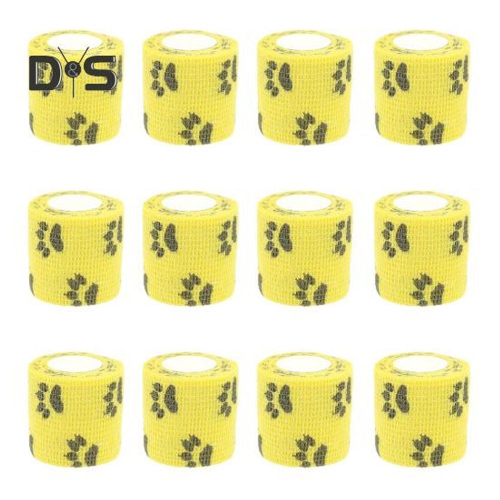 (5cm, yellow) 12 Rolls Pet Straps Claw Pattern Self Adhesive Bandage Wraps Breathable Elastic Pet Wraps for Dogs Cats Claw Ankle Sprains Swelling