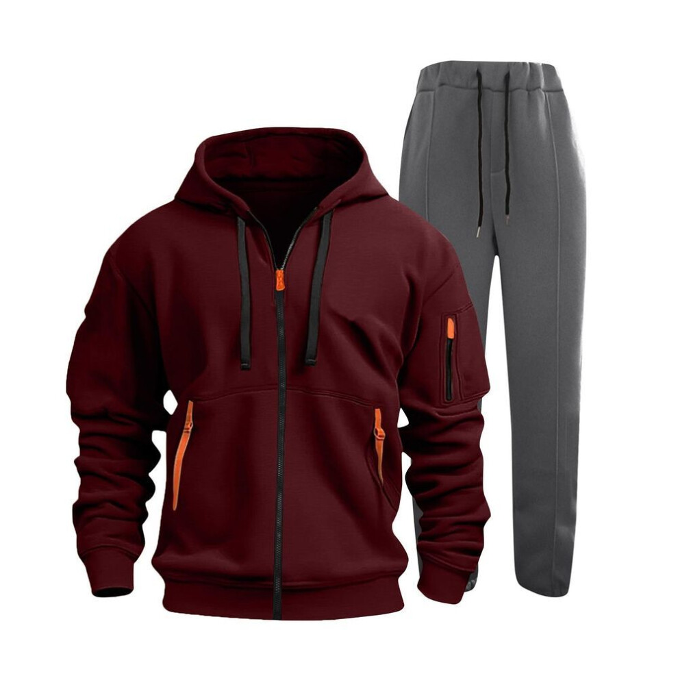 (wine, XXL) Men's Solid Color Tracksuit 2-piece Comfortable Hoodie Jogger Sweatpants Yoga Workout Tracksuit Set