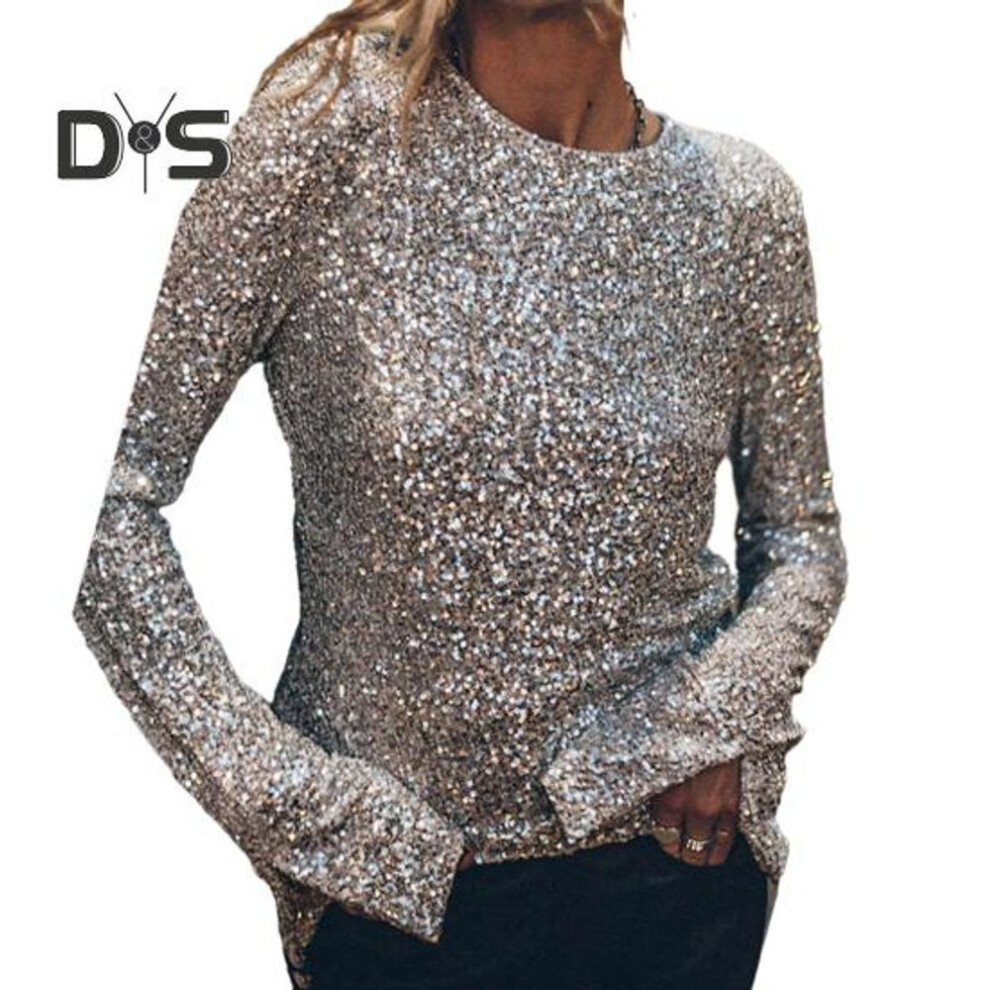(XL, silver) Women Top Round Neck Hollow Out Back Backless Shiny Sequin Long Sleeve Soft Pullover Party Club Performance Lady T shirt Blouse