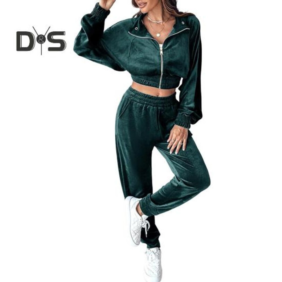 (green, S) 2 Pcs/Set Women Coat Pants Set Turn-down Collar Long Sleeve Stretchy Hem Golden Velvet Jacket High Waist Ankle-banded Trousers Sport Fitness Tracksuit