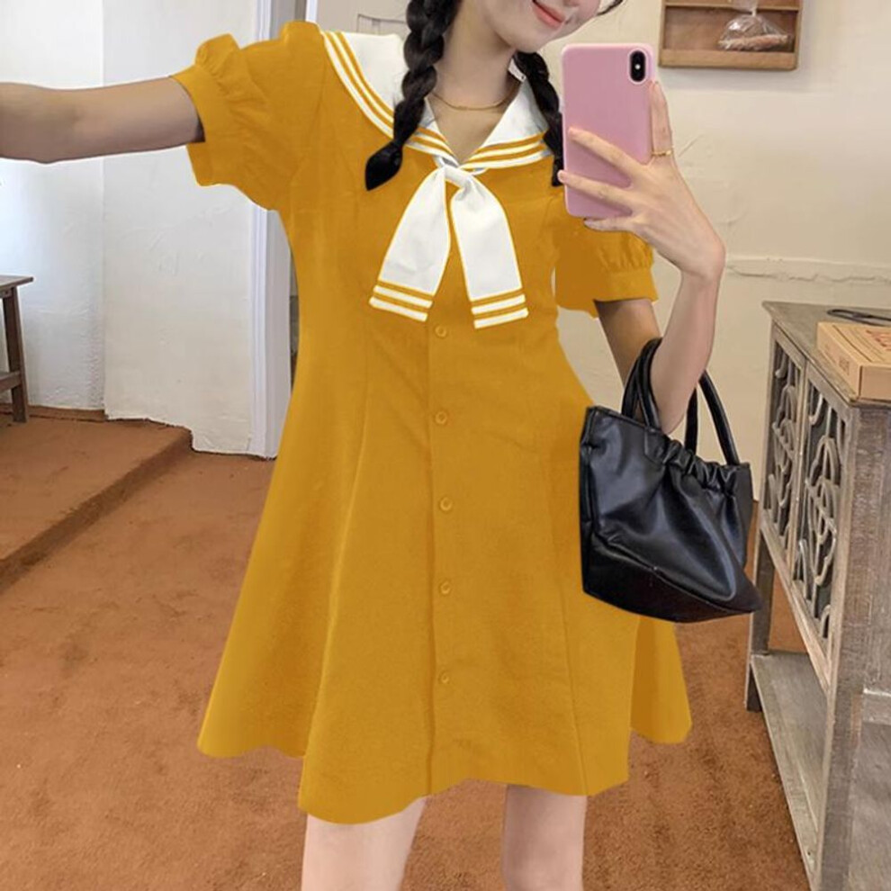 (yellow, 3XL) VONDA Women Summer Lapel Tie Short Sleeve Dresses