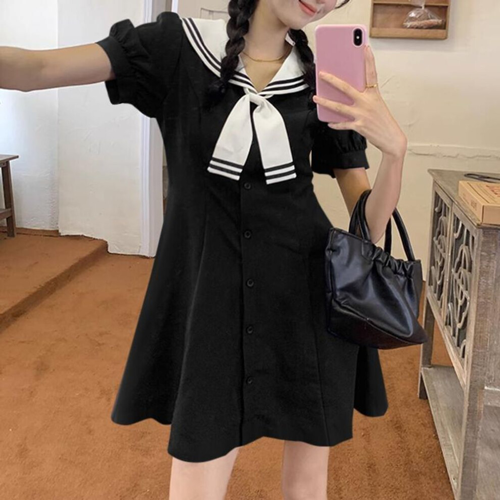 (black, 2XL) VONDA Women Summer Lapel Tie Short Sleeve Dresses